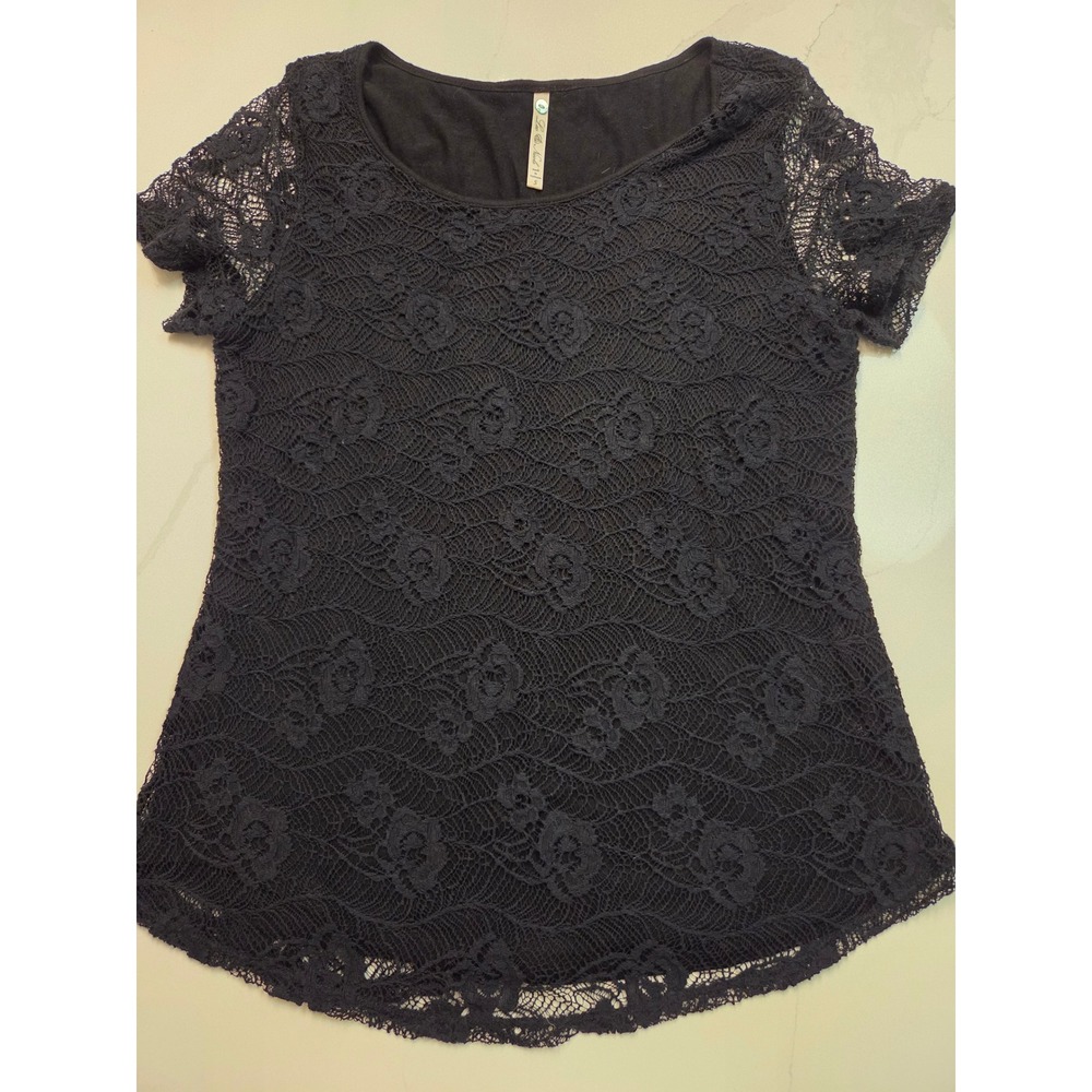Leo & Nicole Womens Black Floral Lace Short Sleeve Lined Blouse Top Small